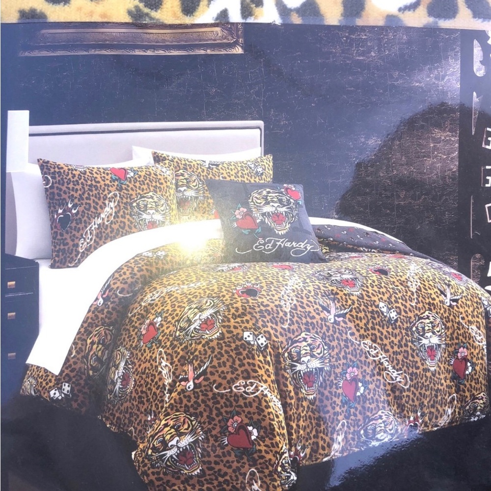 ❤️ Ed Hardy Leopard Print Tiger Comforter Set in Brown